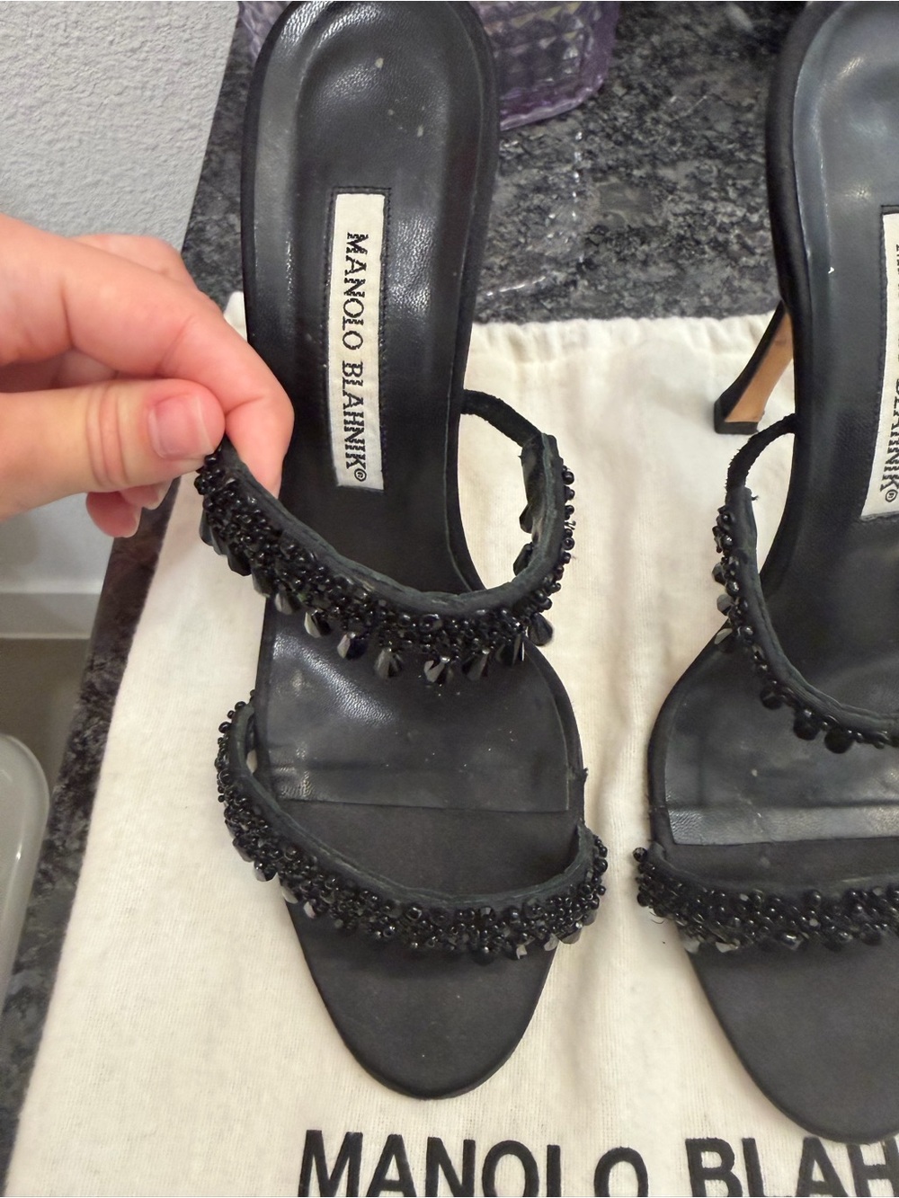 Manolo Blahnik Black Beaded Strappy Slide Heels - Picture 3 of 7